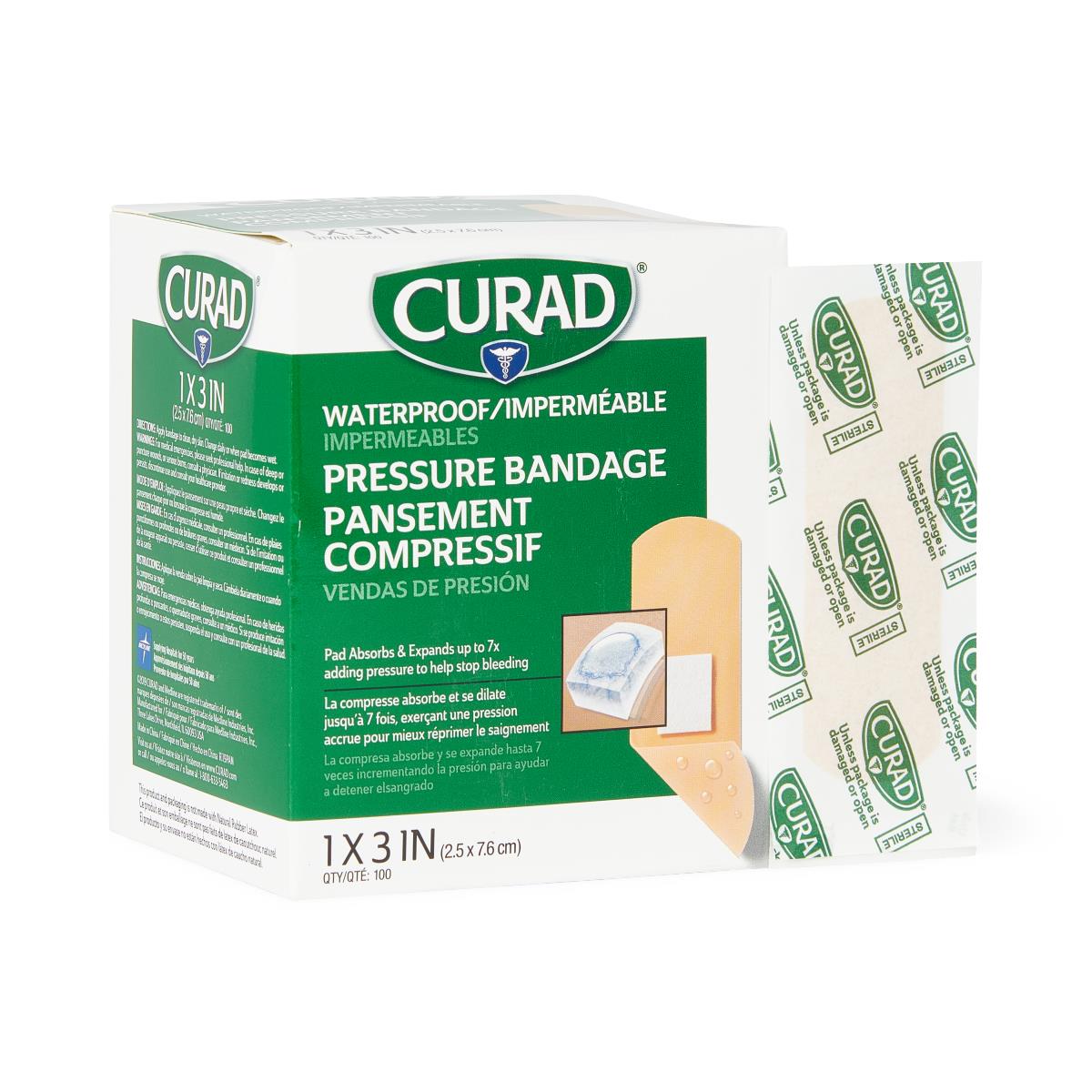 Curad waterproof pressure bandage box of 100 with individually wrapped sterile bandage shown beside it on white background