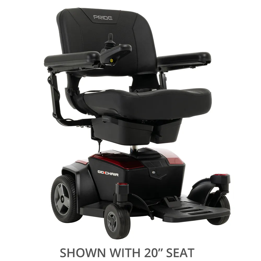 Pride Go Chair power wheelchair with black upholstered seat, joystick controller, flip-back armrests, and red and black