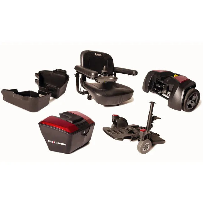 Power wheelchair disassembled into five lightweight components including seat with joystick, battery housing, base, and