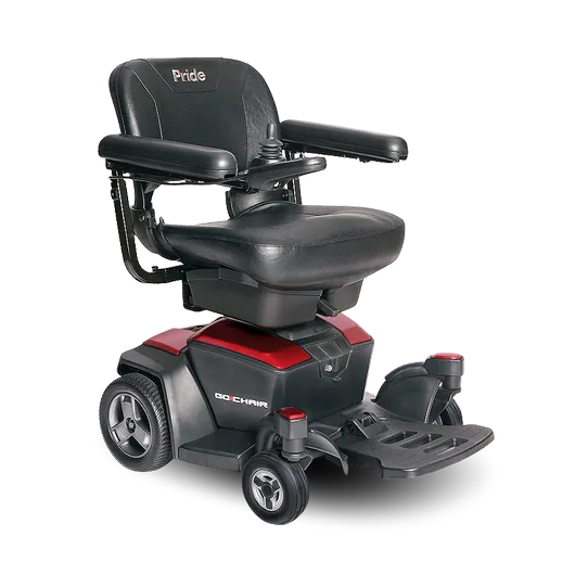 Pride Go Chair power wheelchair with black padded seat, joystick armrest, red and gray base, and four wheels on white