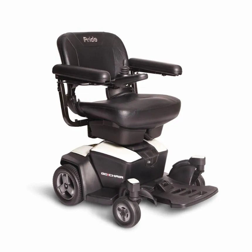 Pride Go Chair power wheelchair in black and white with joystick control, padded seat and back, armrests, and footrest