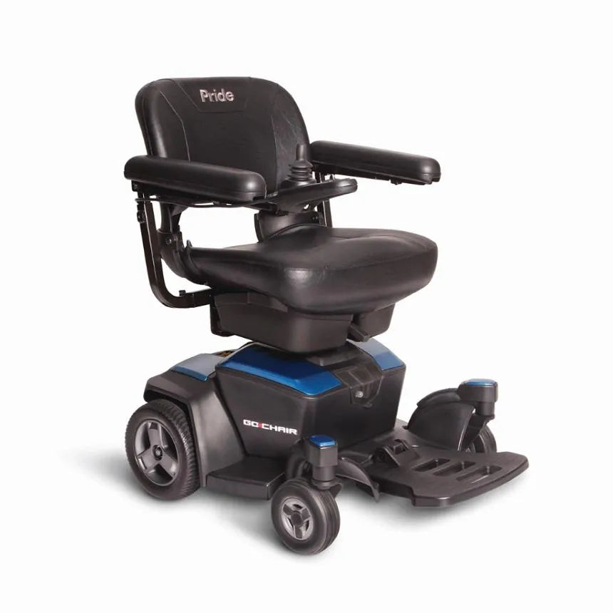 Pride Go Chair power wheelchair with black seat, joystick armrest, blue accent panels, and four wheels on white background
