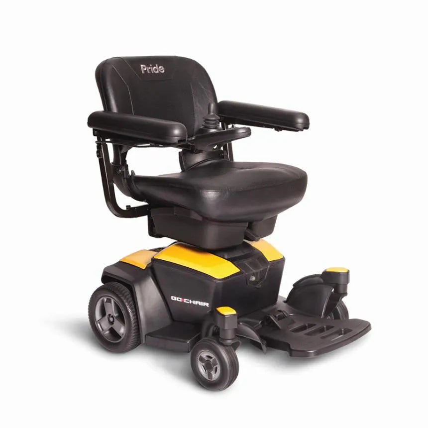 Pride Go Chair power wheelchair with black seat and armrests, yellow and black base, joystick control, and footrest platform