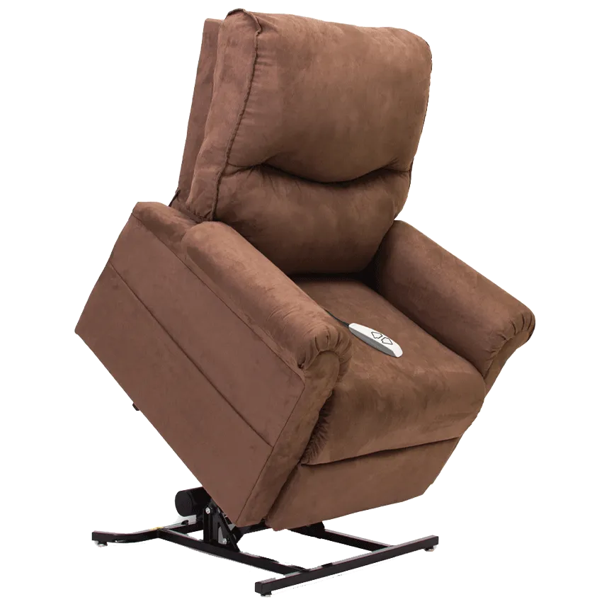 Power lift recliner chair in brown microfiber fabric shown in lifted position with wired hand control on seat cushion