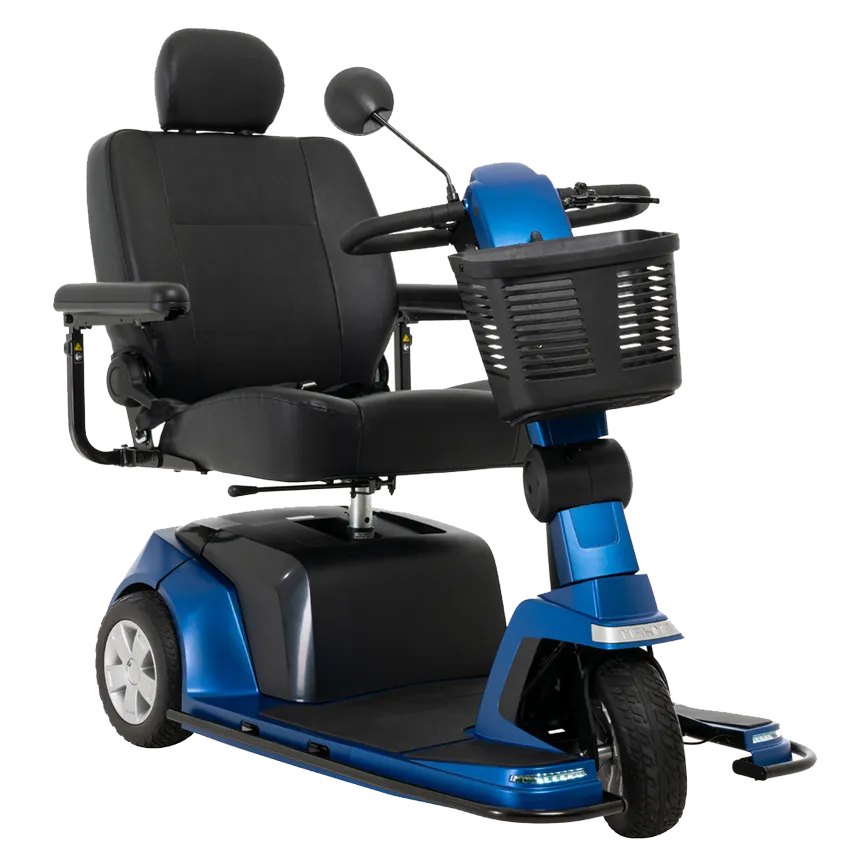 Pride Maxima 3-wheel mobility scooter in blue with black captain's seat, armrests, front basket, and rearview mirror