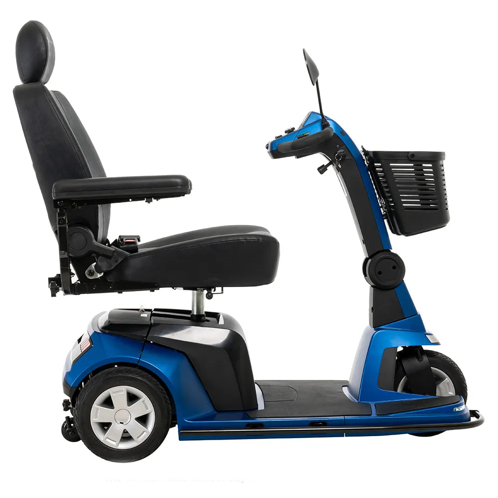 Power mobility scooter in blue with high-back captain seat, armrests, tiller controls, front basket, and three wheels, side
