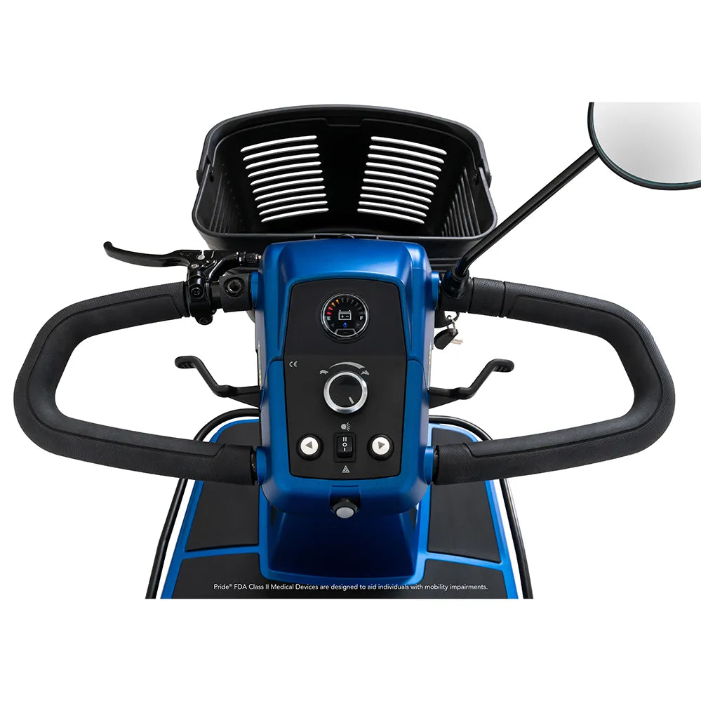 Power mobility scooter tiller close-up in blue showing speed dial, battery gauge, control buttons, handlebar, mirror, and