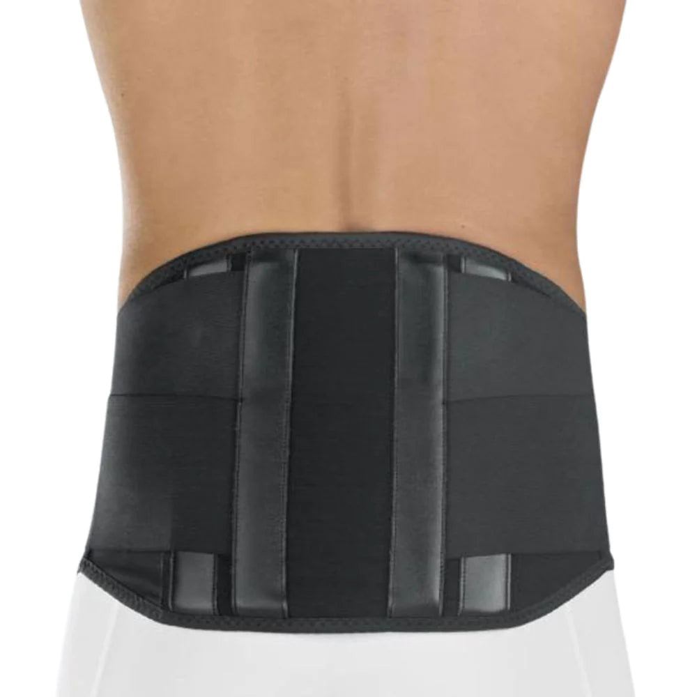 Back support brace with vertical stays worn on lower back, shown from rear view, black elastic fabric with structured panels