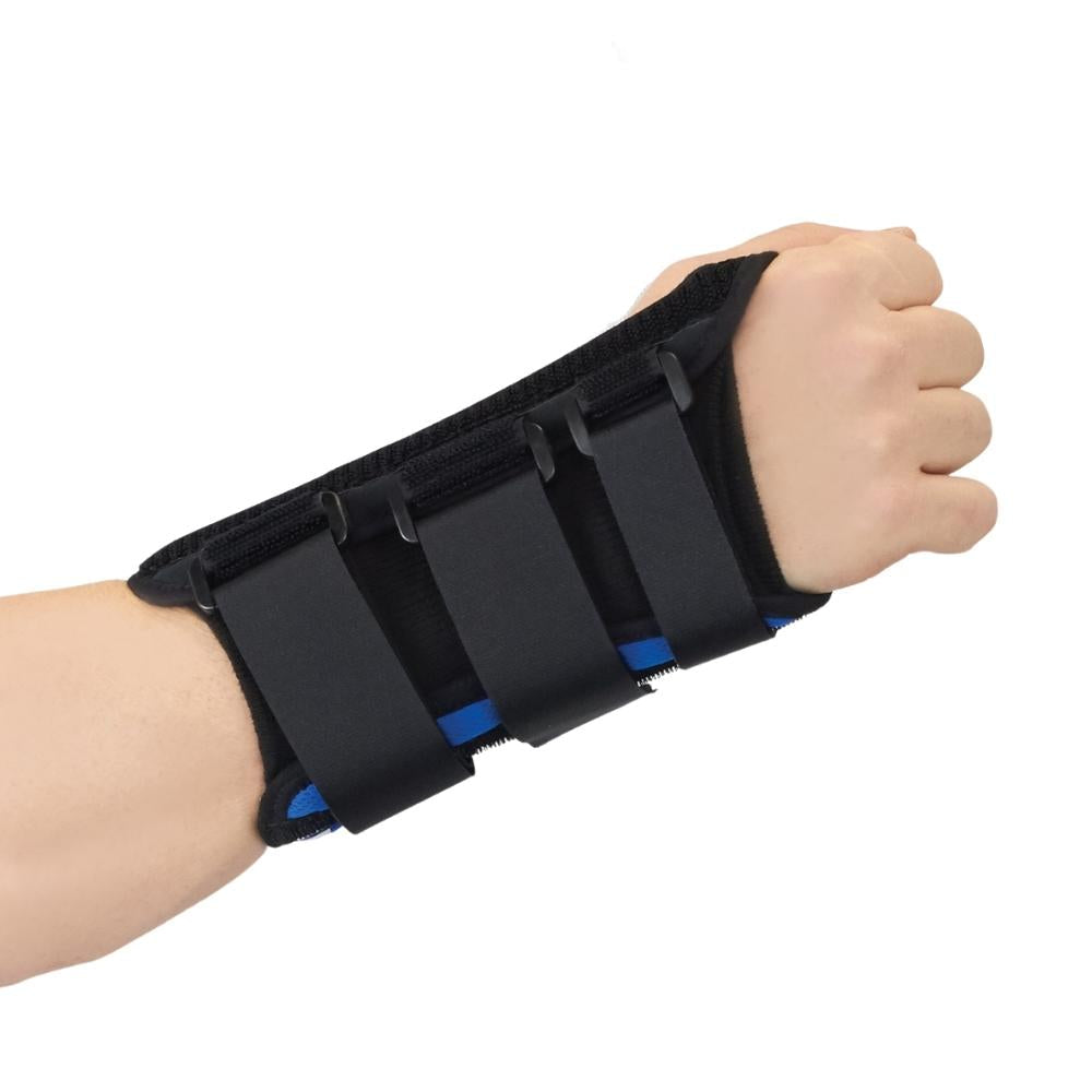 Wrist brace with black neoprene construction, three hook-and-loop straps, and blue accents worn on a left hand