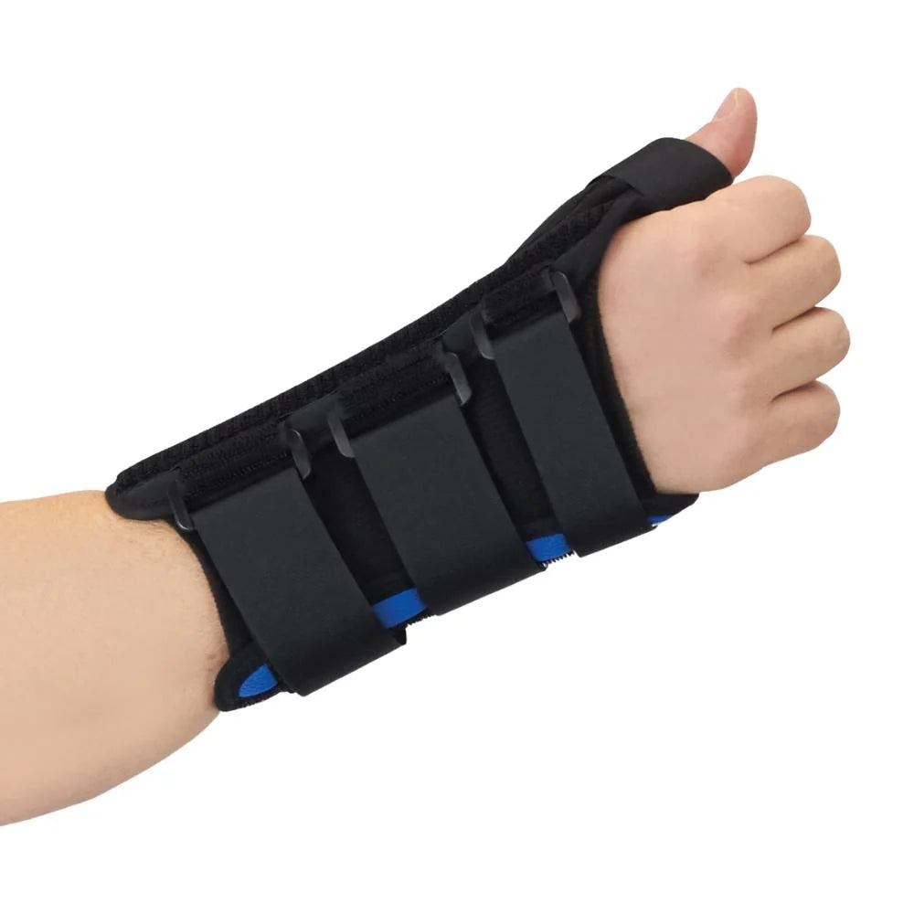 Wrist and thumb brace in black with blue accents and three adjustable straps, shown worn on a right hand and forearm