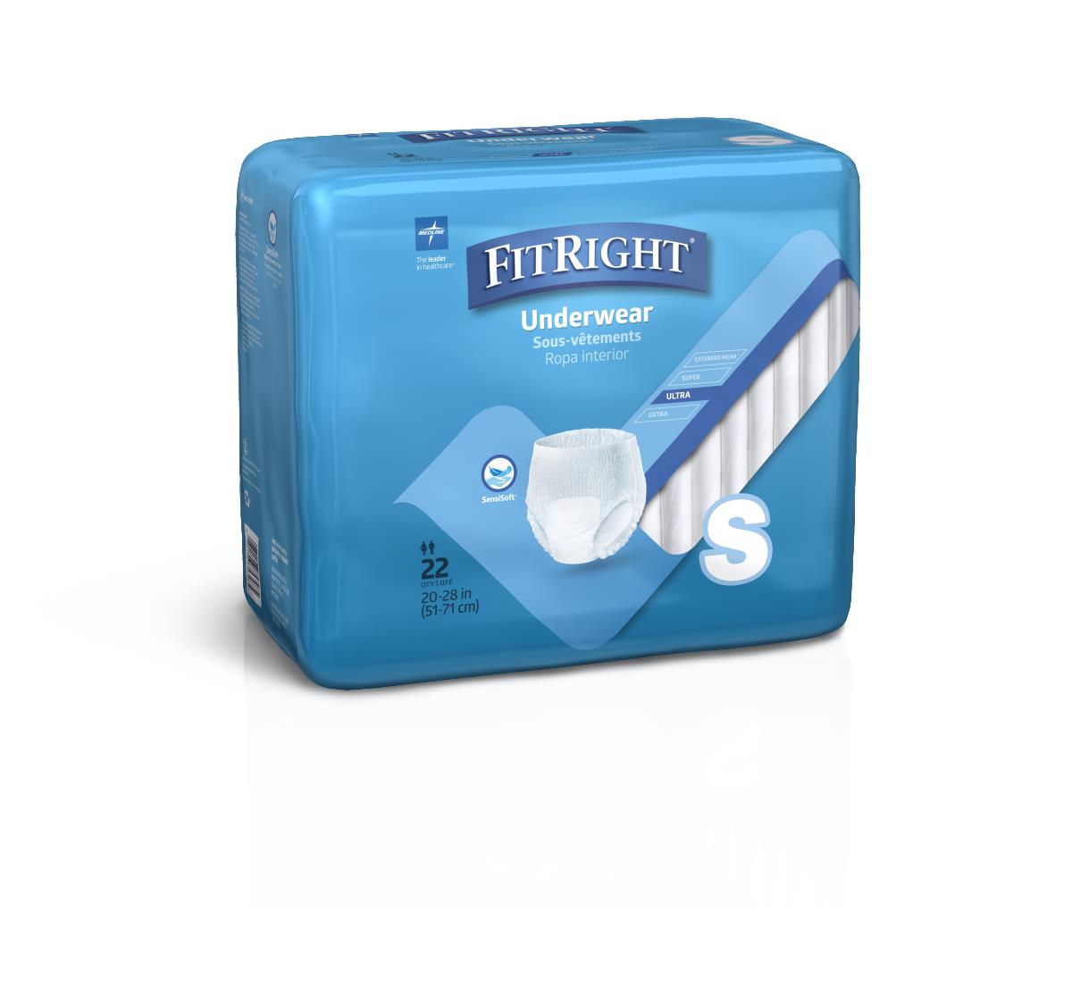 Protective underwear in blue FitRight packaging, size small, 22-count pack with pull-on style garment shown on front