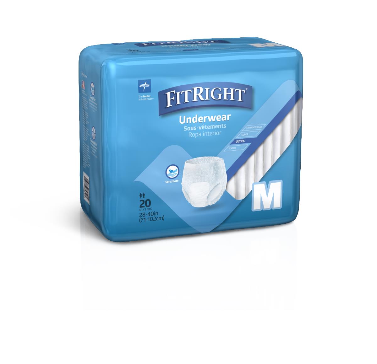 Disposable protective underwear in blue packaging, medium size, 20-count bag with product illustration on front