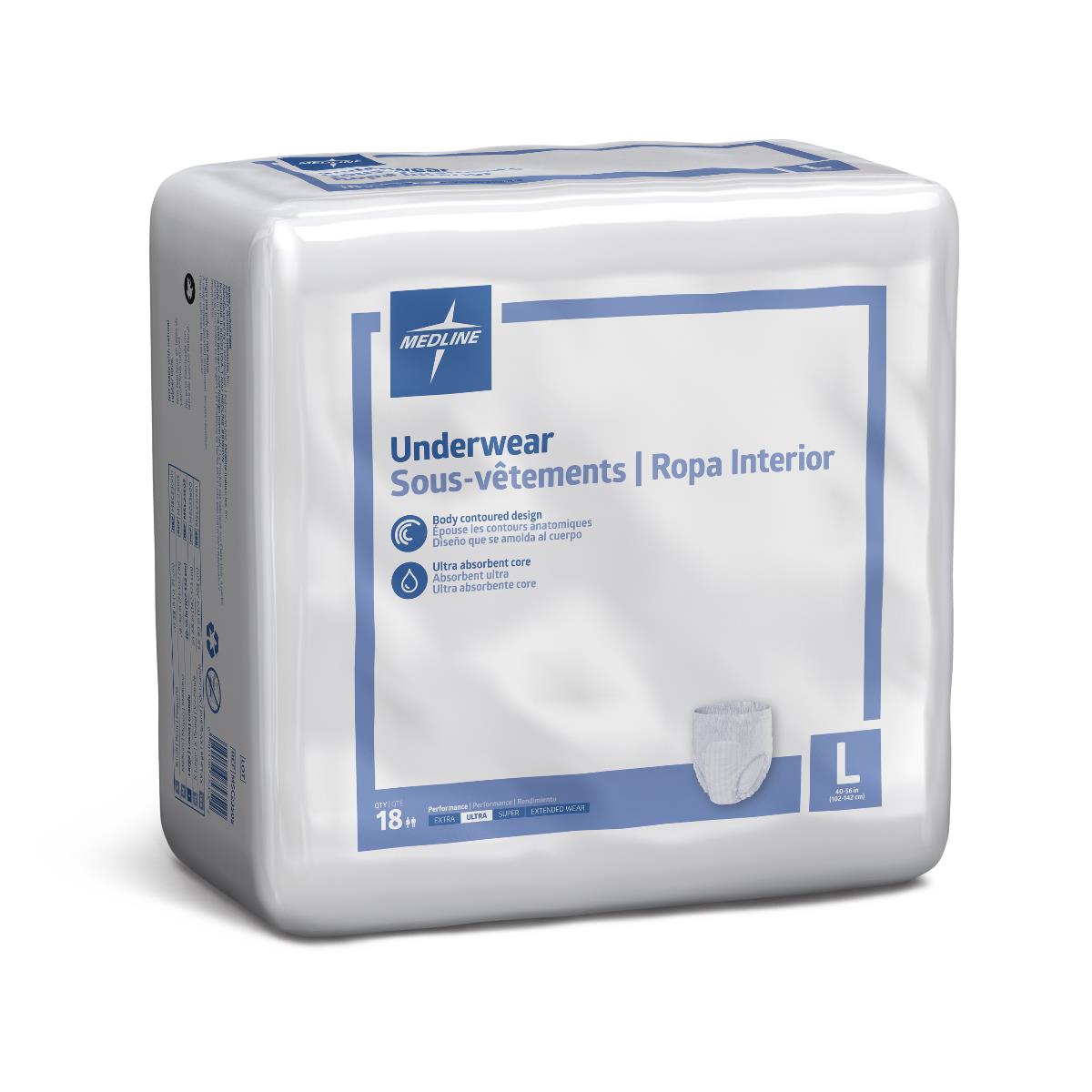 Medline Protection Plus Classic Underwear package, size Large, 18-count, white bag with blue label