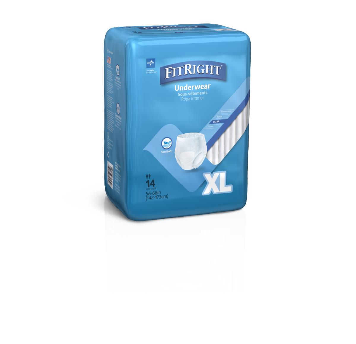 Protective underwear in blue XL FitRight packaging, count of 14, size 56–68 inches