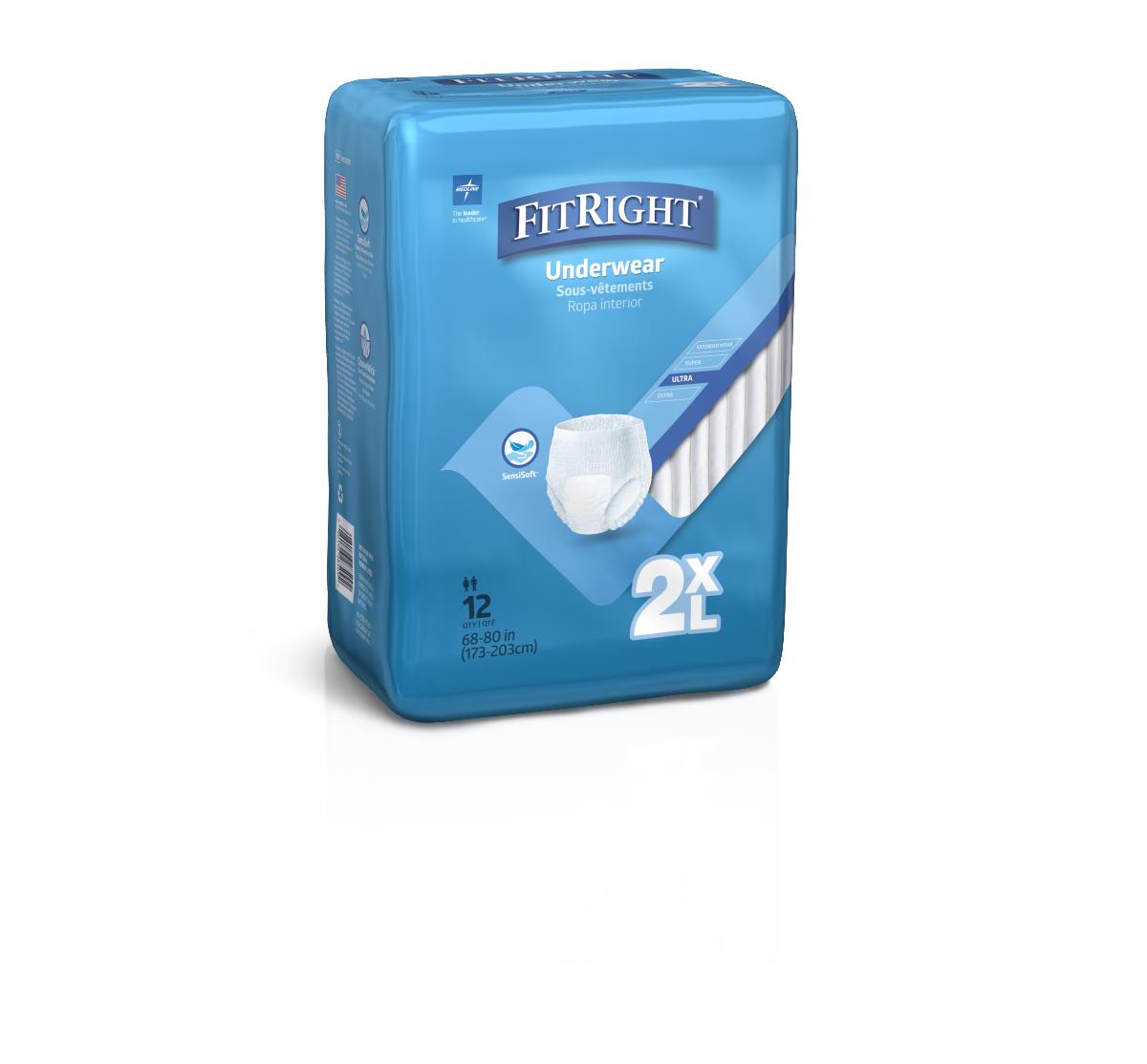 Disposable protective underwear in blue FitRight packaging, size 2XL, 12-count bag on white background
