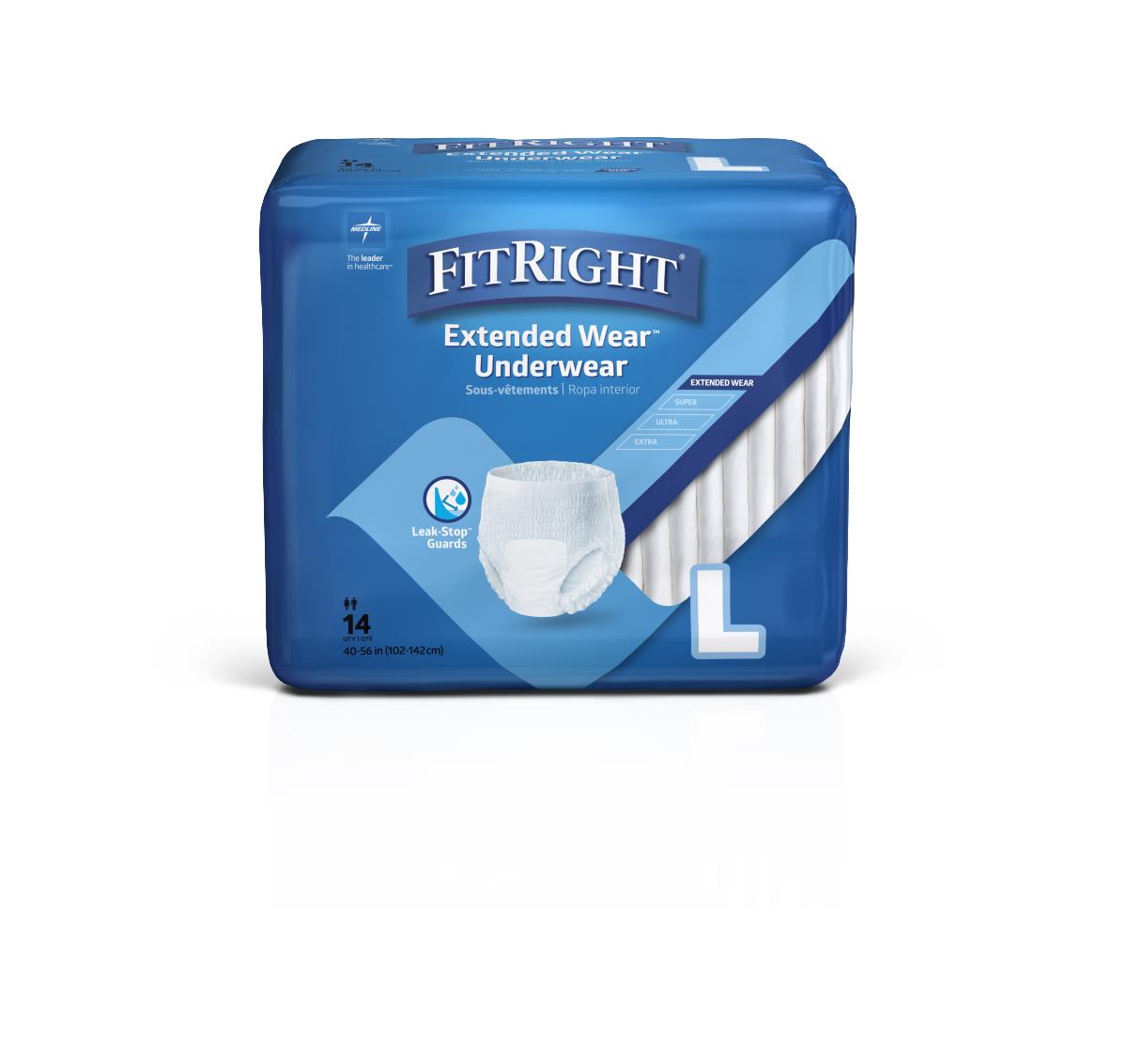 Protective underwear in blue FitRight Extended Wear packaging, size Large, 14-count bag with product illustration on front