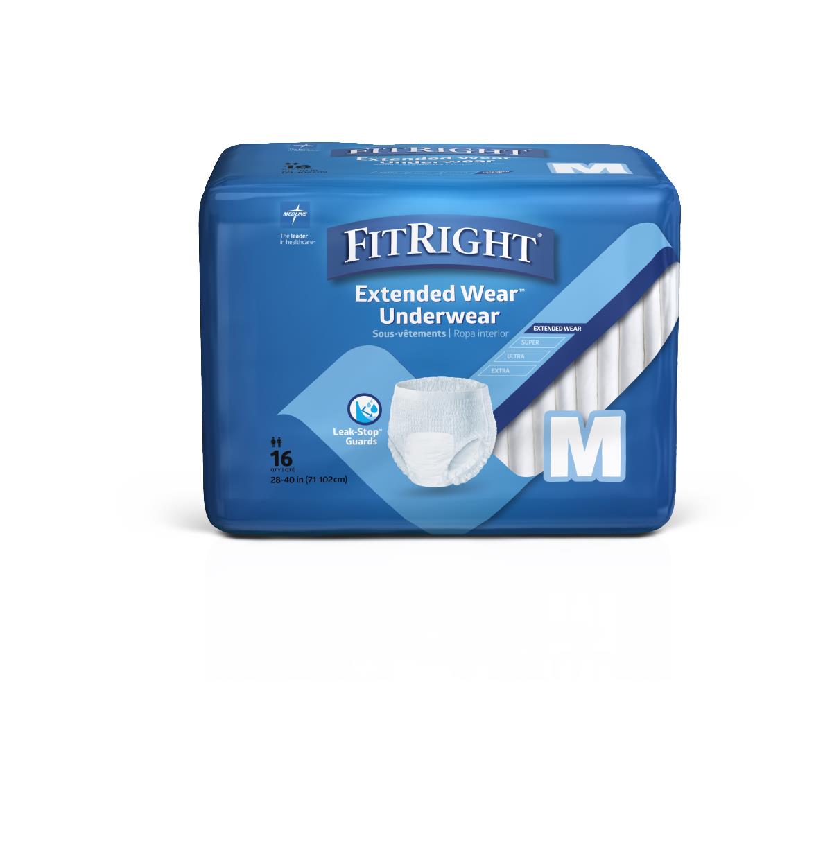 Disposable protective underwear in blue FitRight Extended Wear packaging, size medium, 16 count, shown on white background