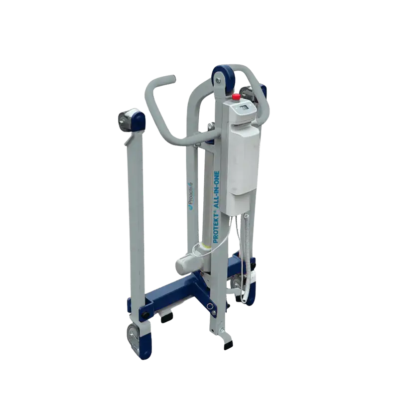 Patient care transfer lift with gray metal frame, blue base and casters, electric motor unit, hand control, and curved grab
