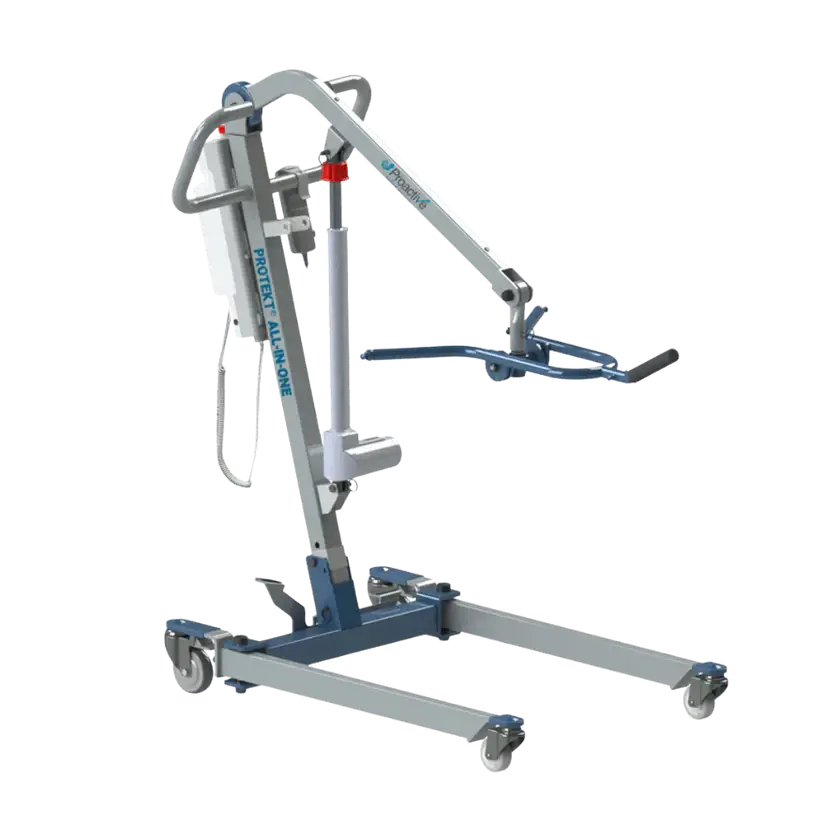 Patient care transfer lift with electric actuator, spreader bar, hand control, and four-wheeled base on white background