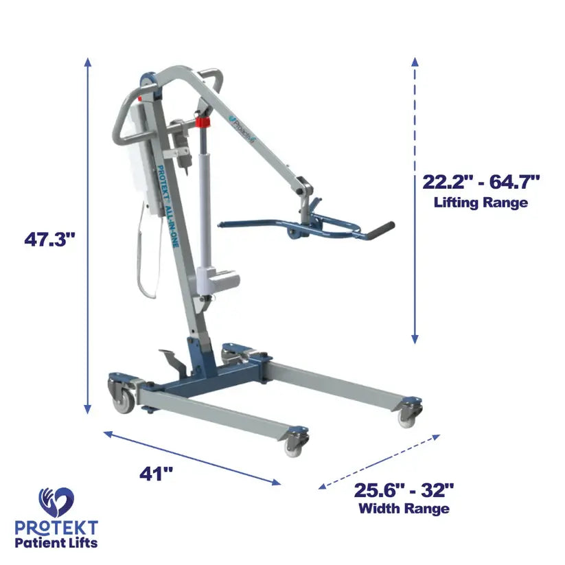 Patient lift on casters with adjustable base and boom arm, shown with dimension callouts for height, width range, and