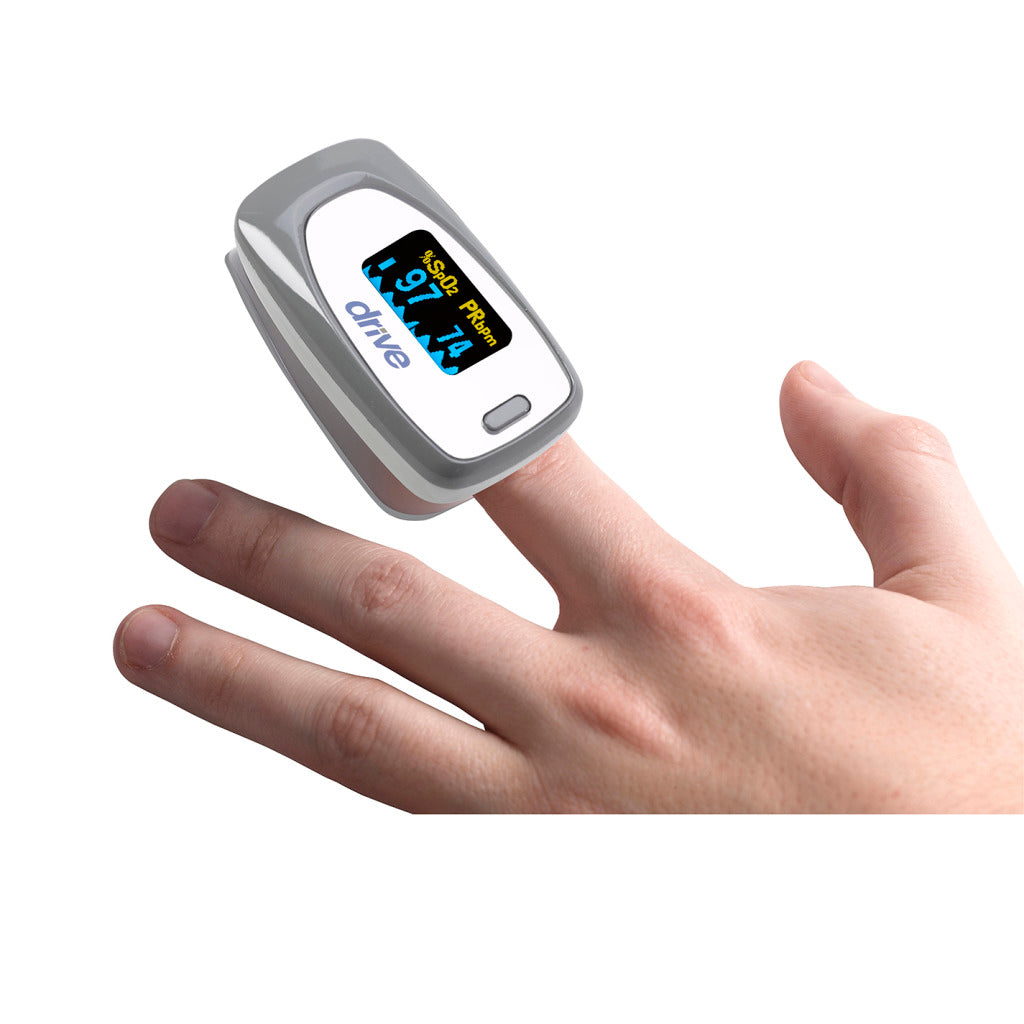 Finger pulse oximeter clipped onto an index finger, displaying SpO2 and pulse rate readings on a color OLED screen