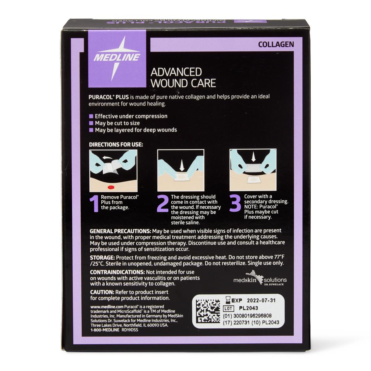 Collagen wound dressing box back panel showing Medline Puracol Plus directions for use, precautions, and usage diagrams on
