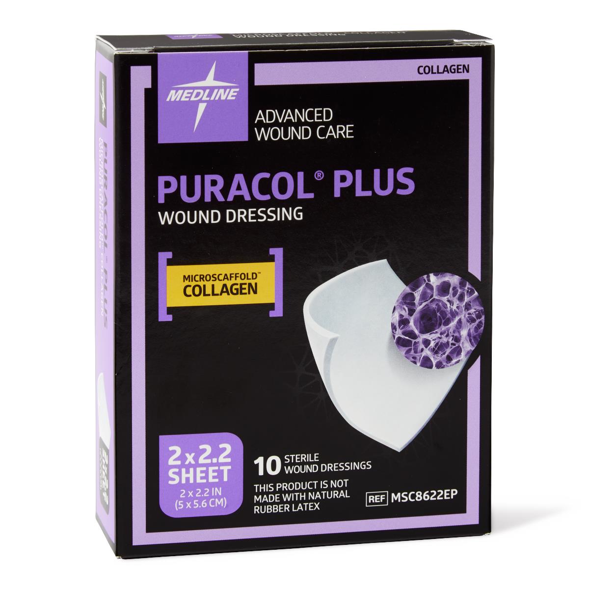 Collagen wound dressing box in black and purple packaging, 2x2.2 inch sheet size, box of 10 sterile dressings