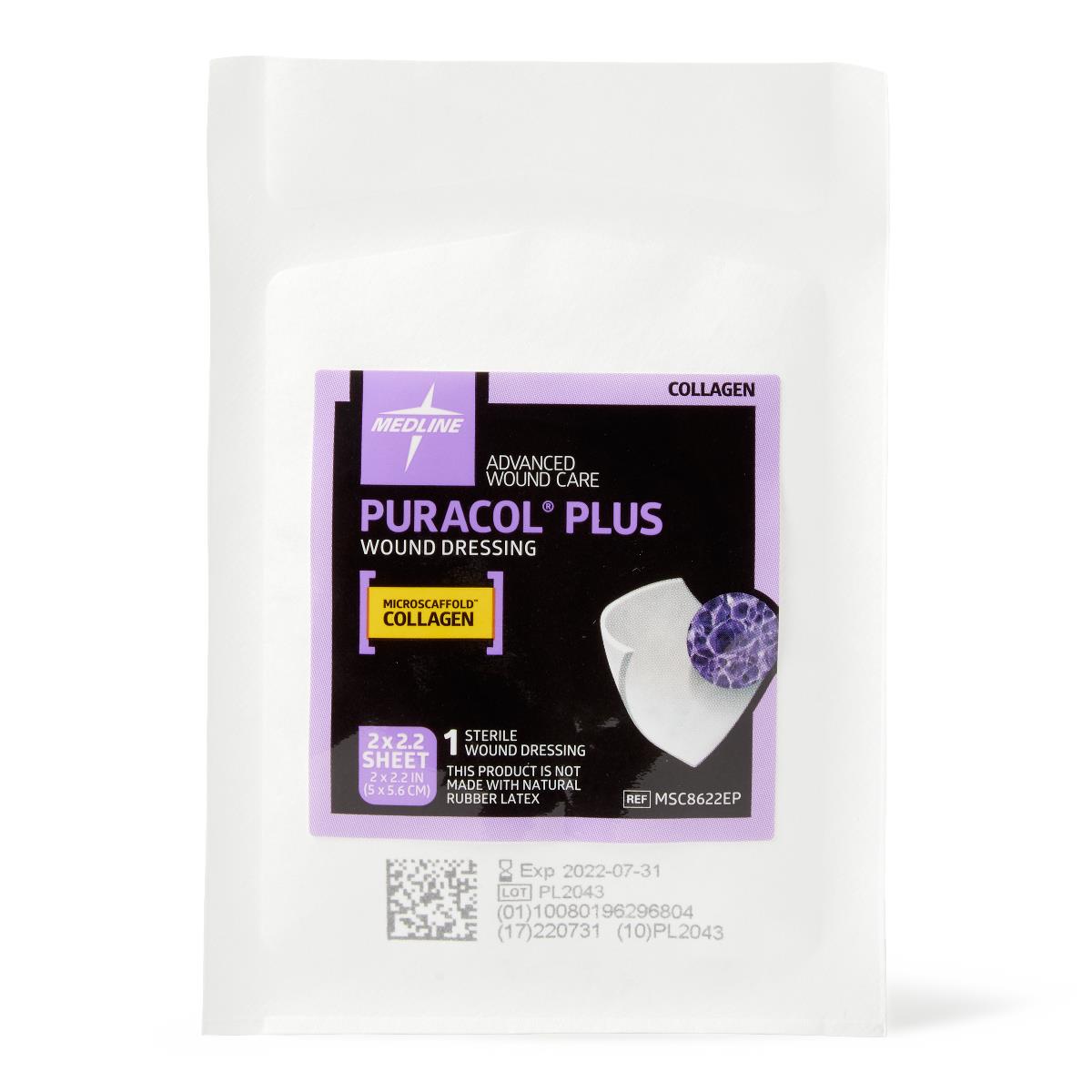 Collagen wound dressing in sealed white pouch with purple and black Medline Puracol Plus label, single sterile sheet shown