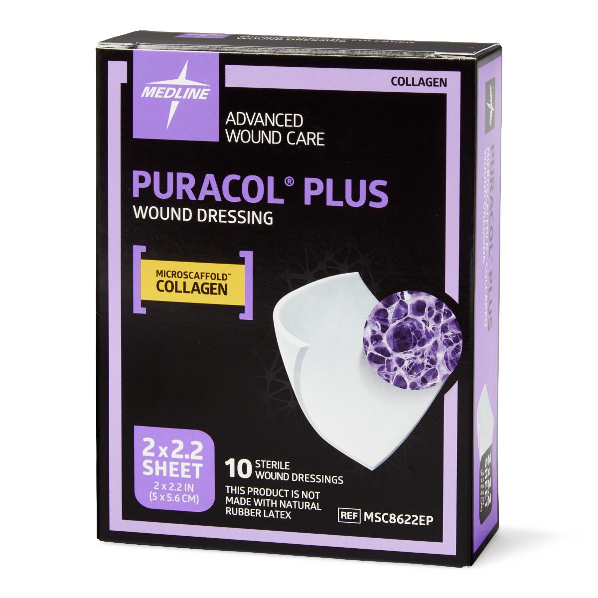 Collagen wound dressing box of 10 sterile sheets, black and purple packaging with microscaffold collagen label and dressing