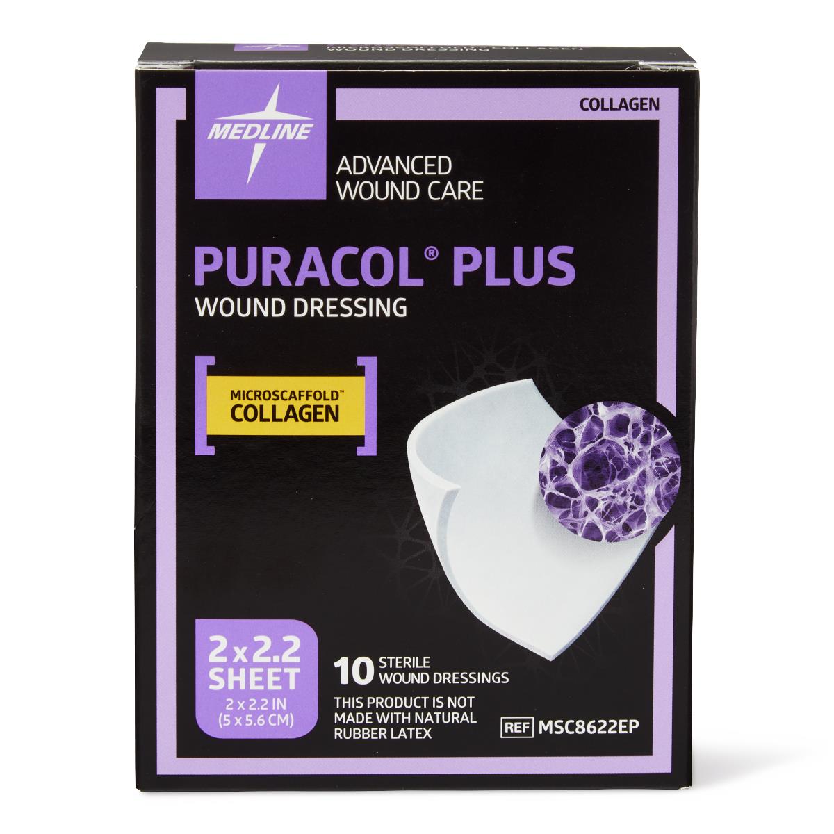 Collagen wound dressing box, black and purple packaging, Puracol Plus by Medline, 10 sterile sheets, 2x2.2 inch size shown