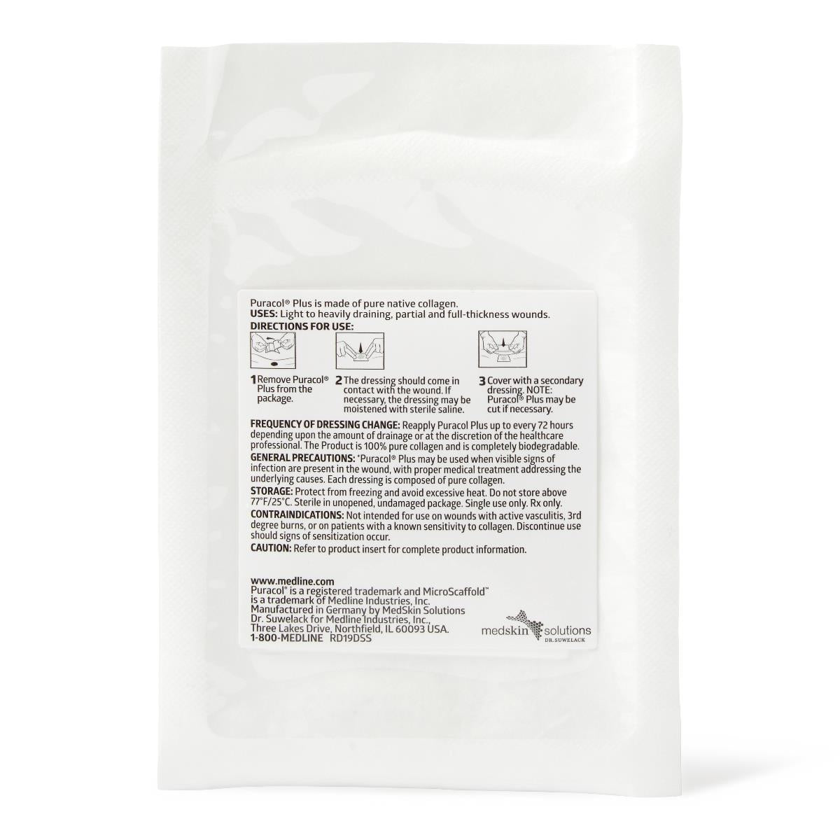 Collagen wound dressing back-of-package showing directions for use, precautions, and storage instructions on white packaging