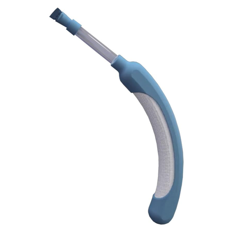 PureWick female external catheter with curved blue foam body and clear suction tube connector on white background