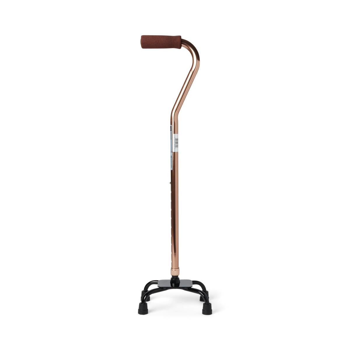 Small base quad cane in bronze finish with foam grip handle and four-legged black rubber-tipped base