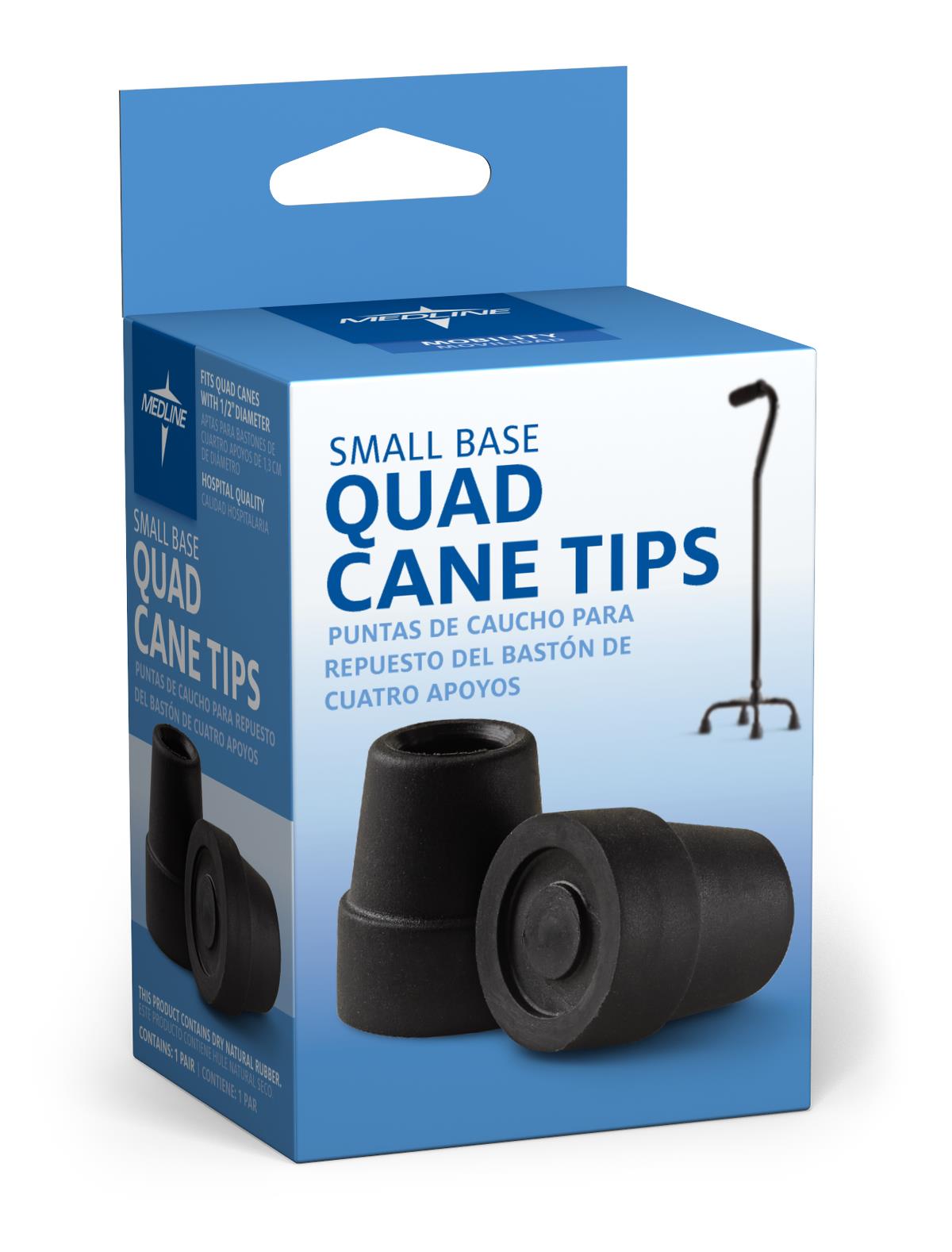 Quad cane tips replacement rubber tips in black shown in blue retail box with quad cane illustration, small base, one pair
