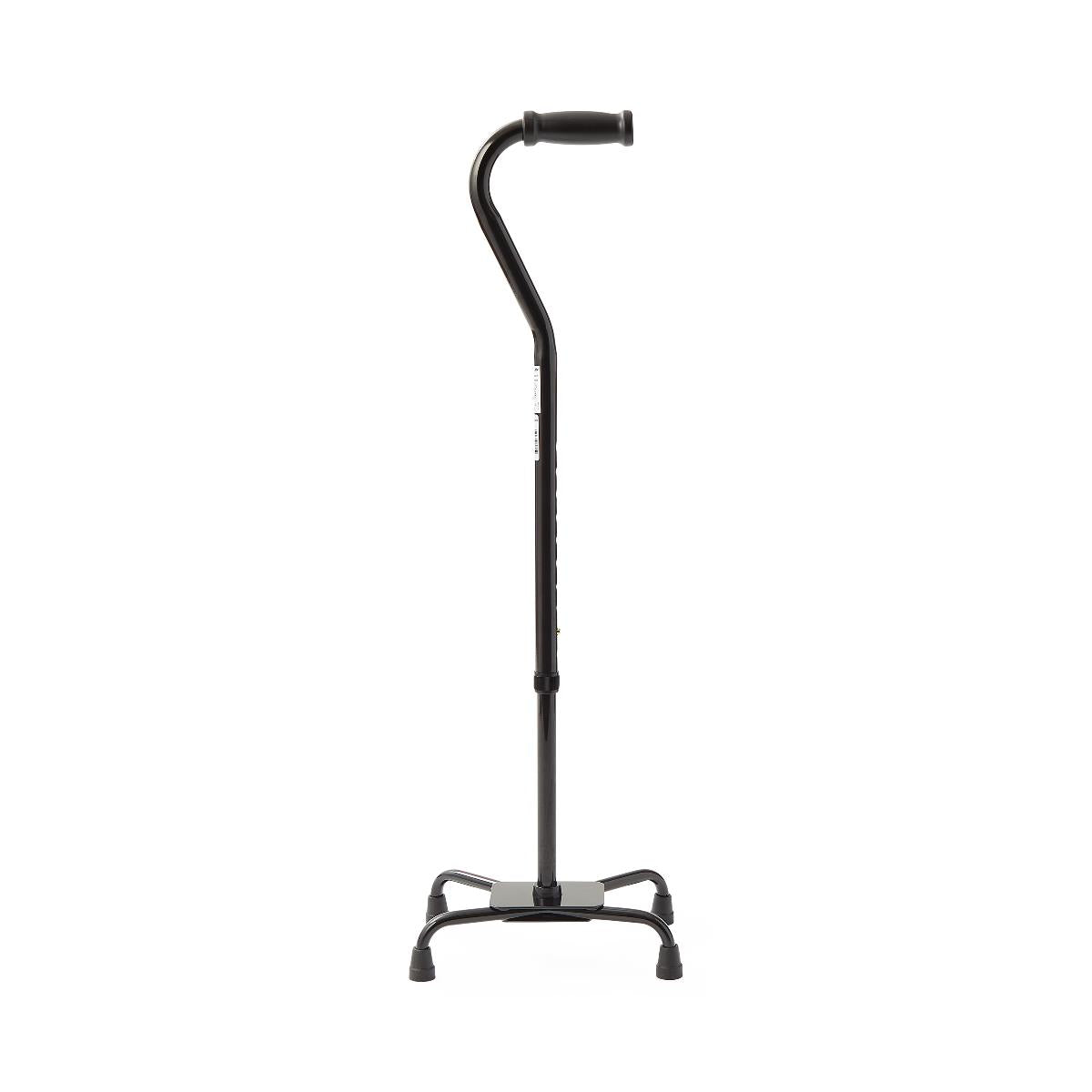 Bariatric quad cane with large four-legged base, curved offset handle, and adjustable black shaft, shown upright on white