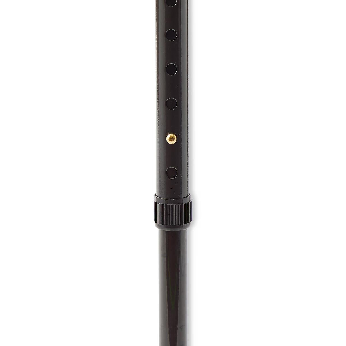 Bariatric quad cane shaft close-up showing black adjustable height collar with pin button and ventilation holes on white