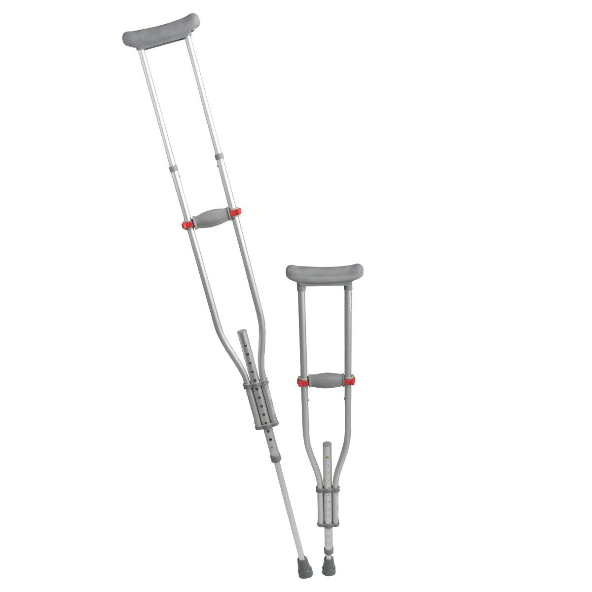 Pair of adjustable aluminum underarm crutches with gray padded tops, hand grips, and red push-button height adjustment clips