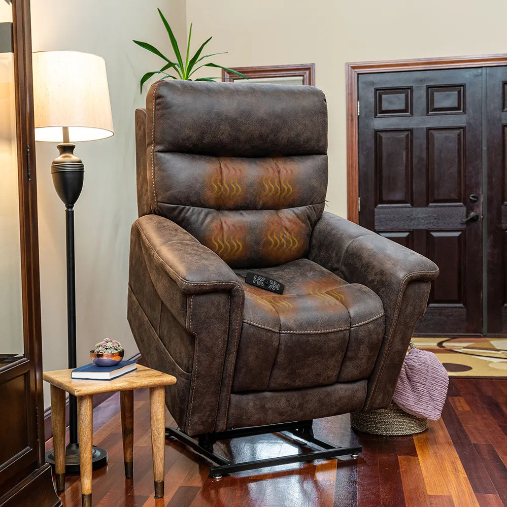 Power lift recliner in brown fabric with heat and massage zone graphics highlighted, shown in a home living room setting