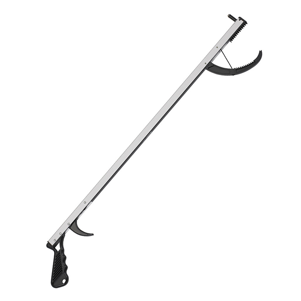 Reacher grabber tool with aluminum shaft, black pistol grip handle, and serrated jaw claw end