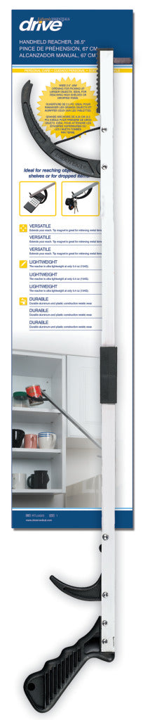 Handheld reacher tool with black pistol-grip handle and jaw tip shown alongside product packaging