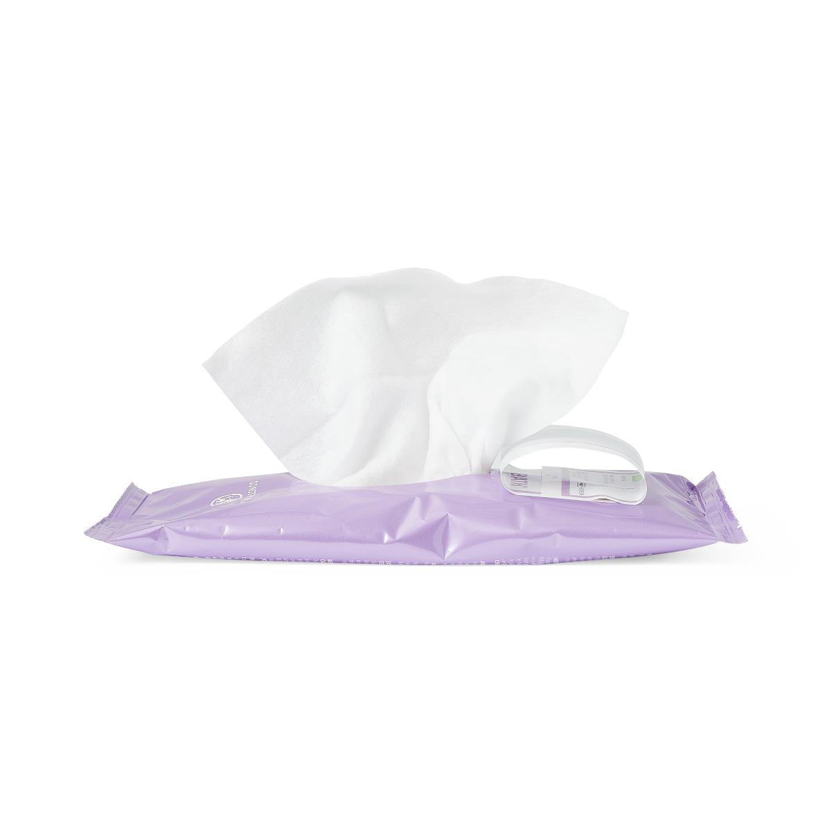 Disposable washcloth wipes in a purple resealable soft pack with one white wipe pulled out of the opening