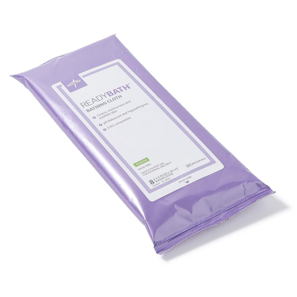 Bathing cloth wipes in a purple resealable soft pack labeled ReadyBath, containing 8 washcloths, scented formula