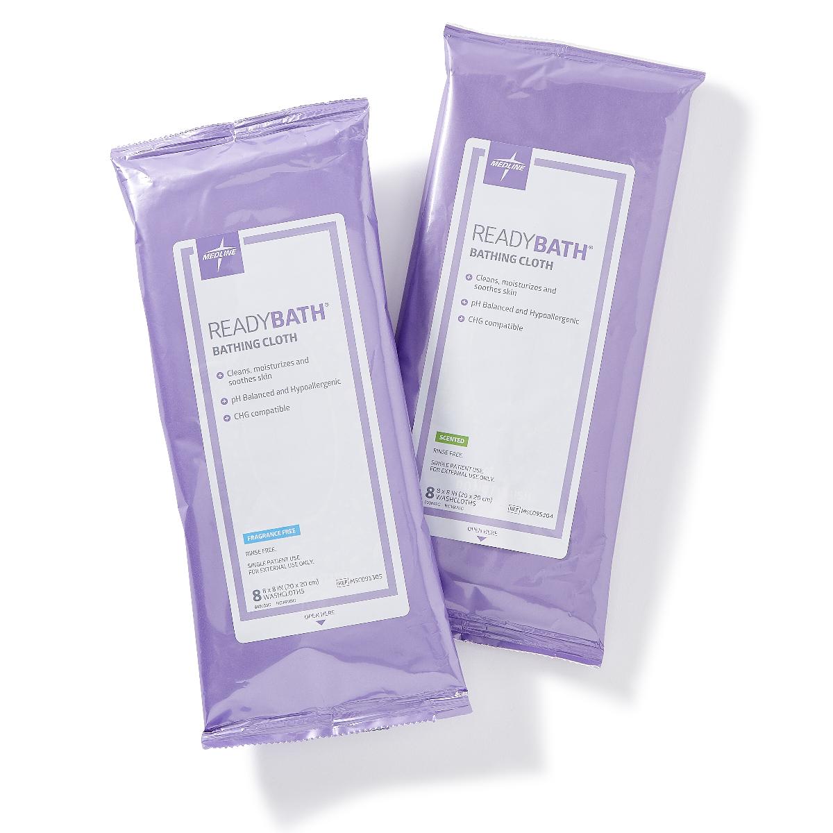ReadyBath bathing cloth wipes in two purple soft-pack packages, one fragrance-free and one scented, each containing 8