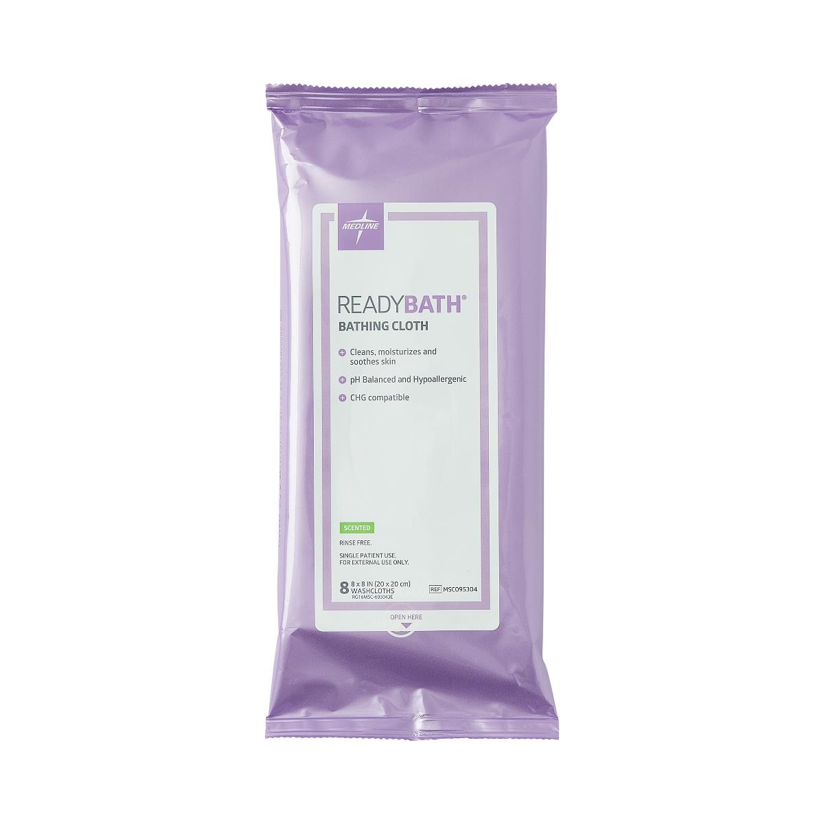 Disposable bathing cloths in a purple resealable package containing 8 scented rinse-free washcloths