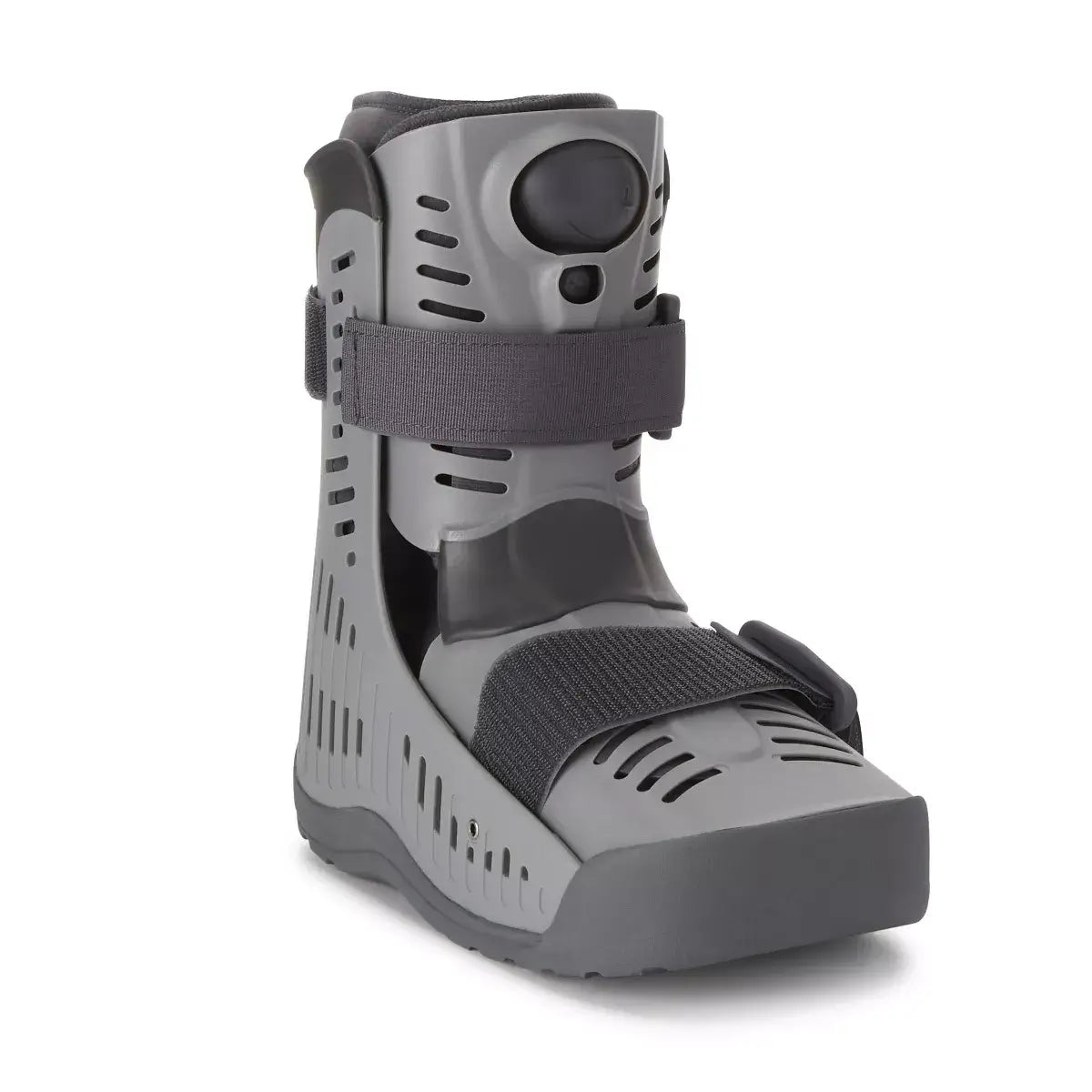Walking boot, low-top gray air walker with vented plastic shell, two hook-and-loop straps, and rocker sole