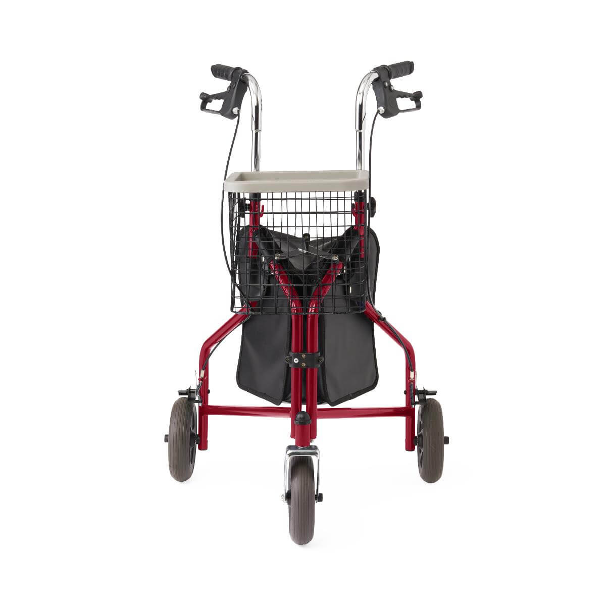 Three-wheel rollator with red steel frame, loop hand brakes, wire basket, tray, and black bag, front view on white background