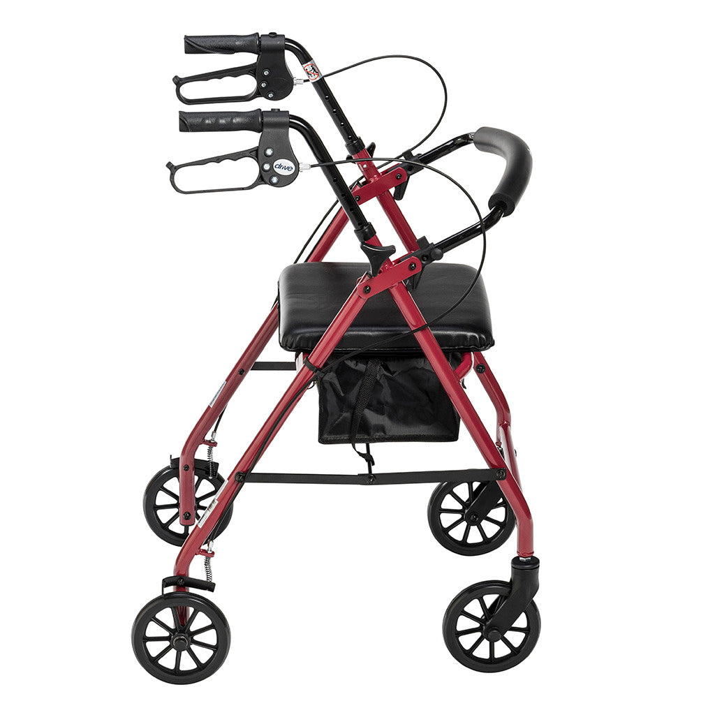 Rollator walker with red aluminum frame, black padded seat, under-seat bag, loop hand brakes, and four black spoke wheels