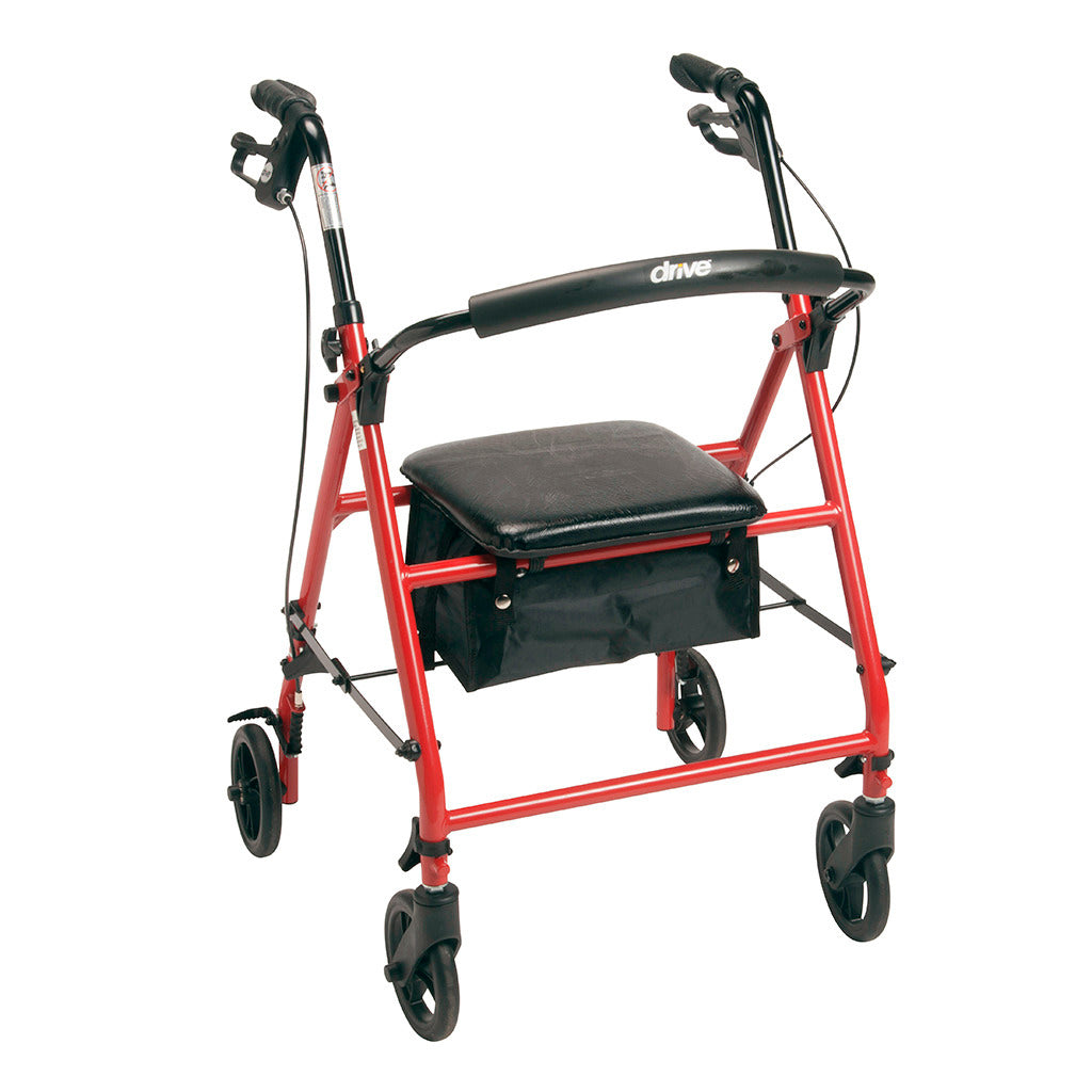 Four-wheel rollator with red steel frame, padded seat, black backrest, hand brakes, and underseat storage bag