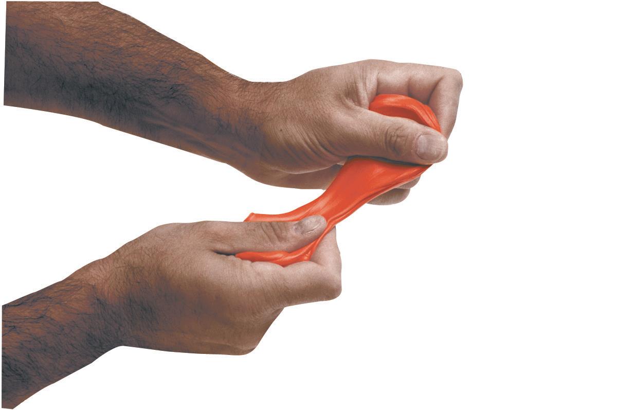 Theraputty exercise putty being stretched between two hands, showing orange putty's pliable consistency