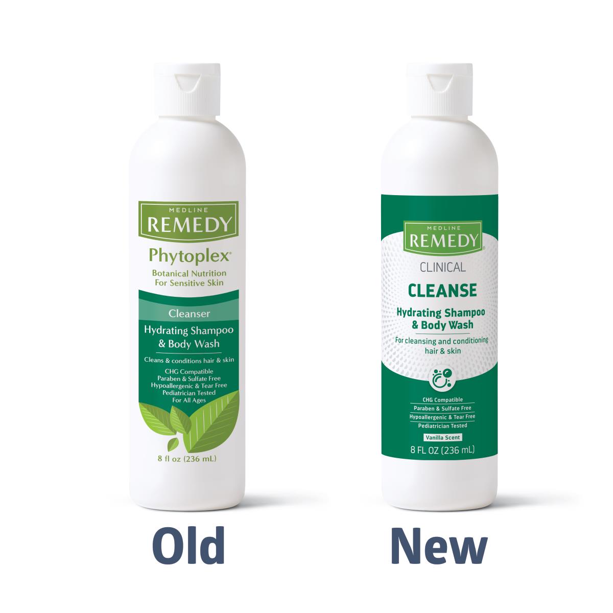 Medline Remedy hydrating shampoo and body wash bottles showing old Phytoplex and new Clinical Cleanse packaging side by side